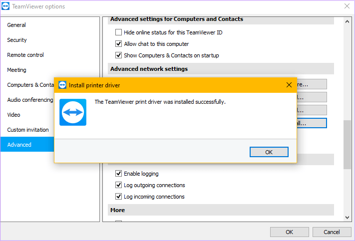 Team Viewer Remote Printing Installation Remote Printer Success Message