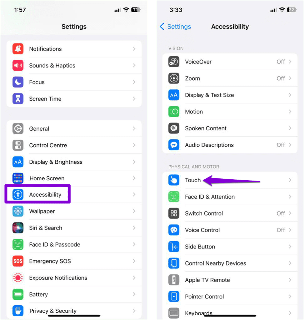 Touch Settings on iPhone