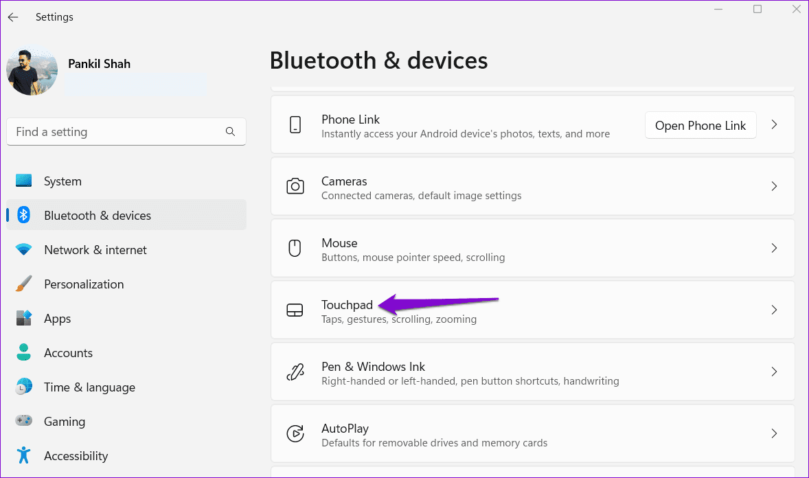 Touchpad Settings in Windows 11