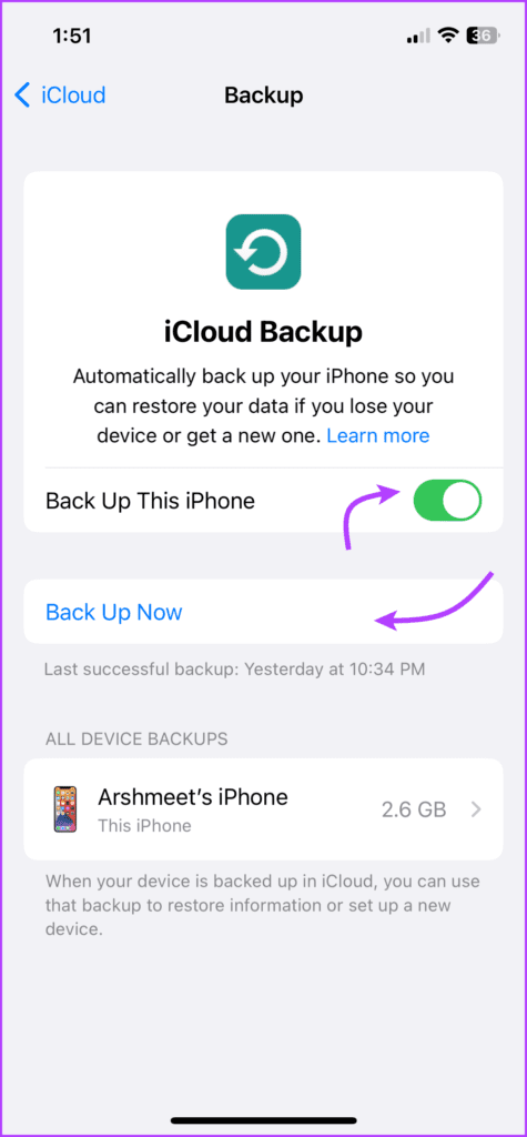 Toggle on iCloud Backup