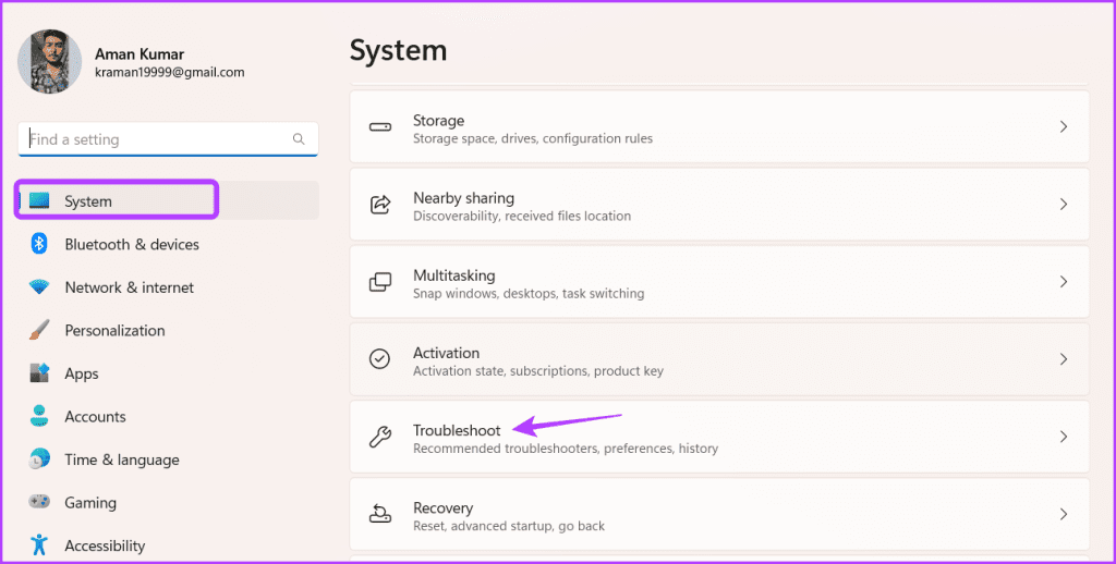 Troubleshoot option in Settings