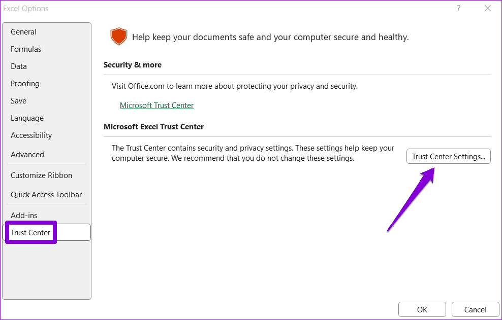 Trust Center in Excel