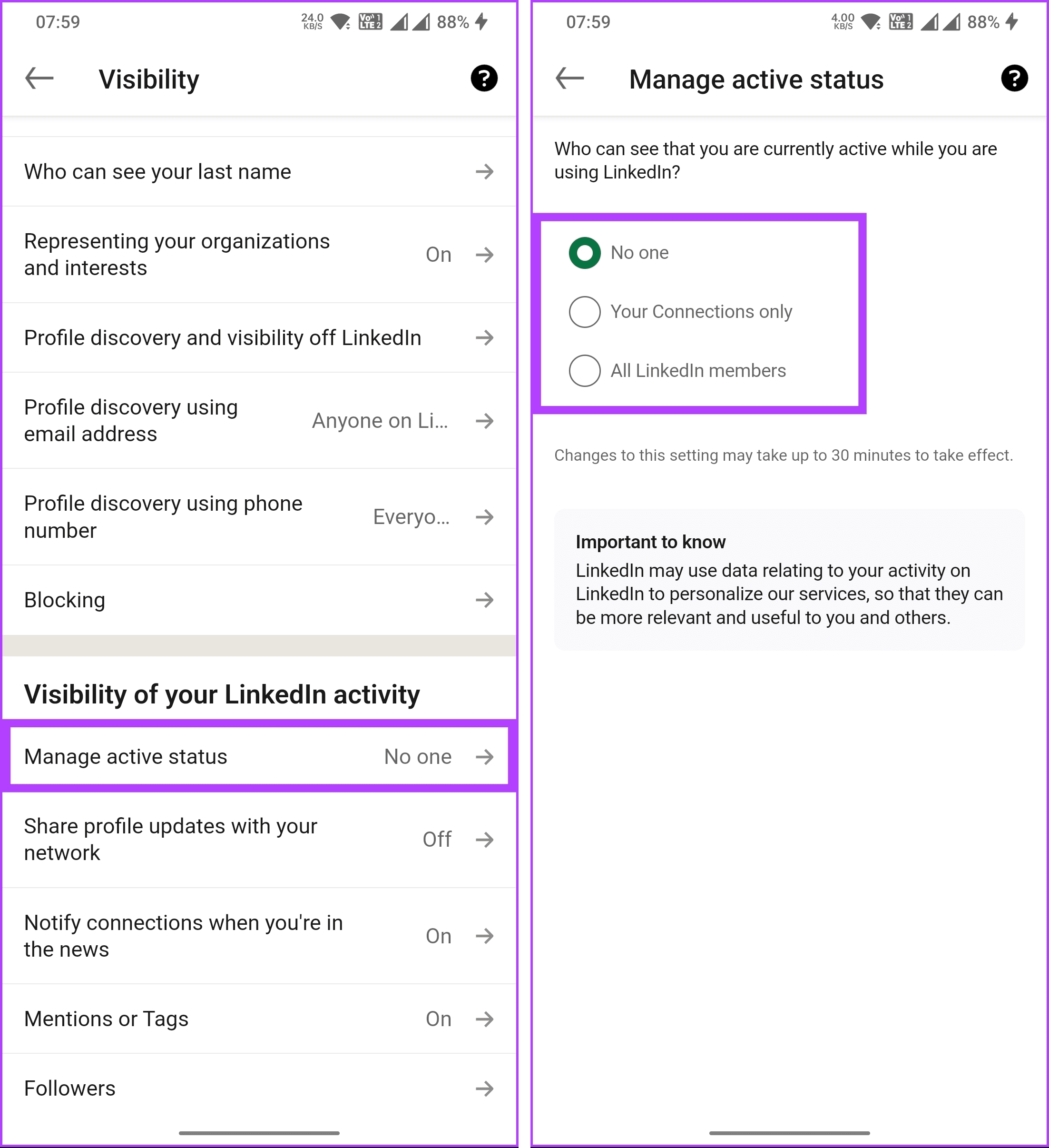 under 'Visibility of your LinkedIn activity'