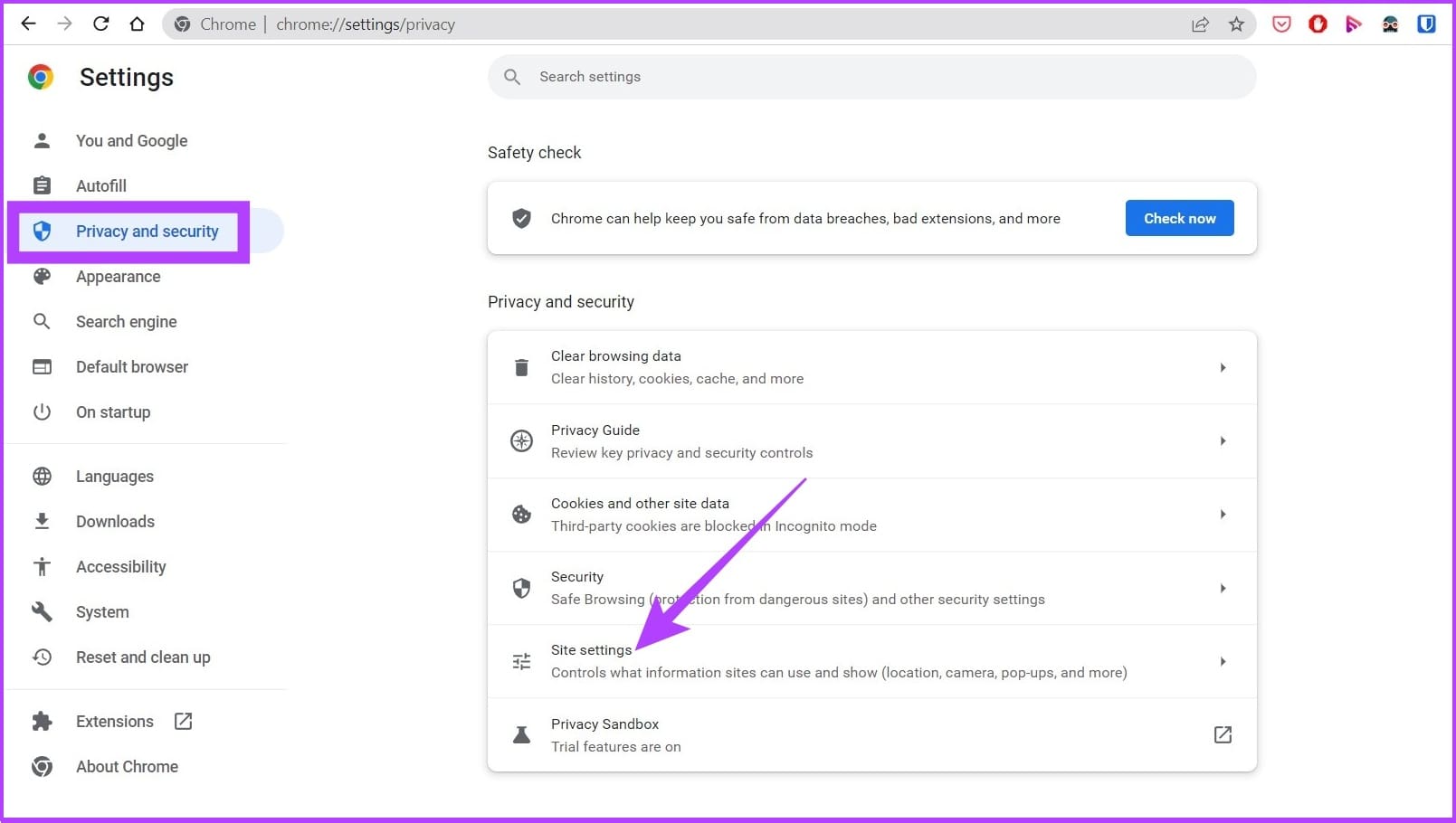 Select Privacy and security