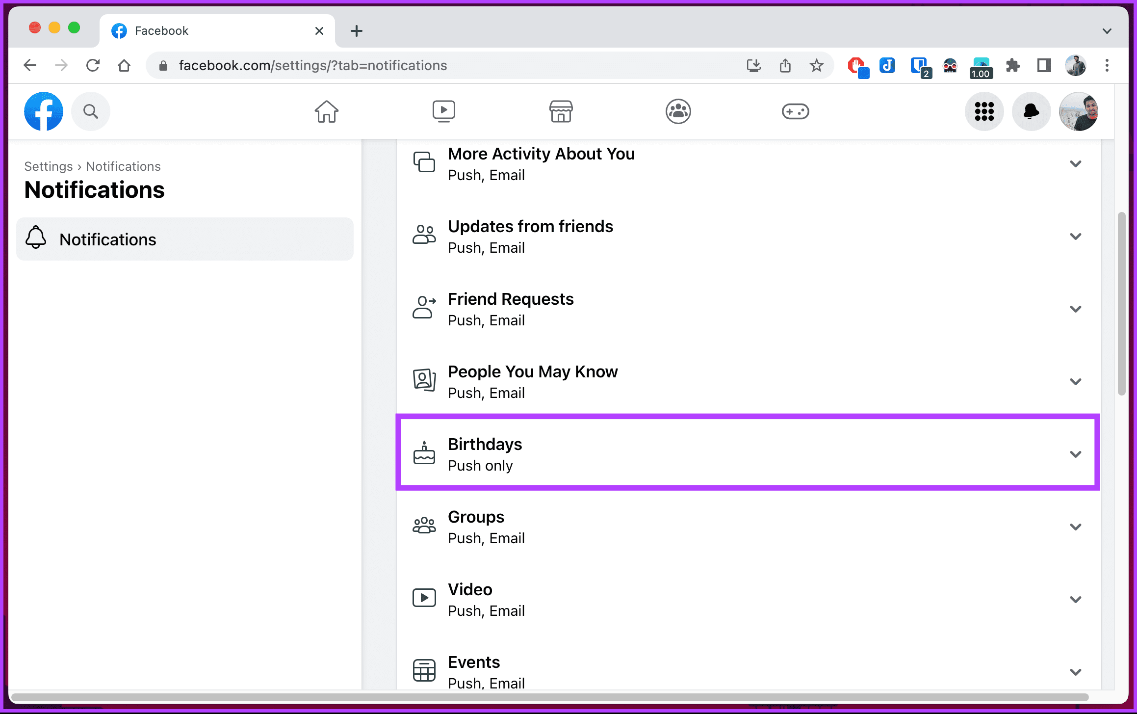 click on Birthdays