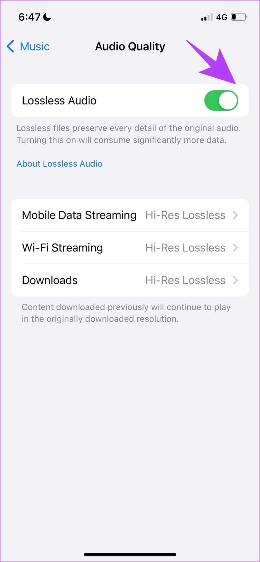 Turn On Toggle For Lossless Audio
