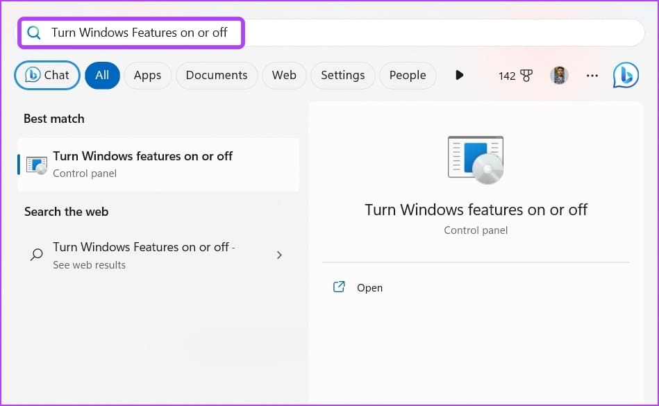 Turn Windows Features on or off option in Start Menu