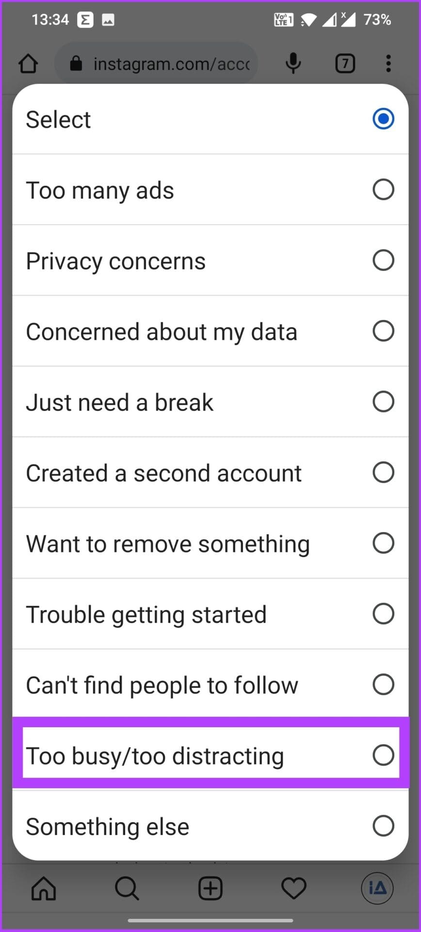 Choose an option to turn off Instagram Business account