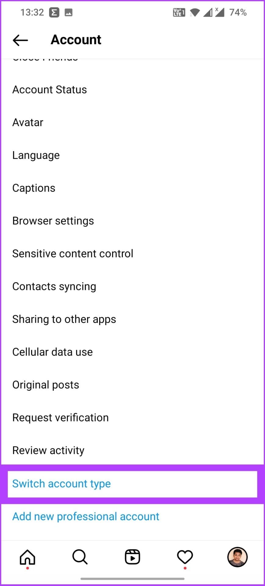 tap on 'Switch account type' on Instagram