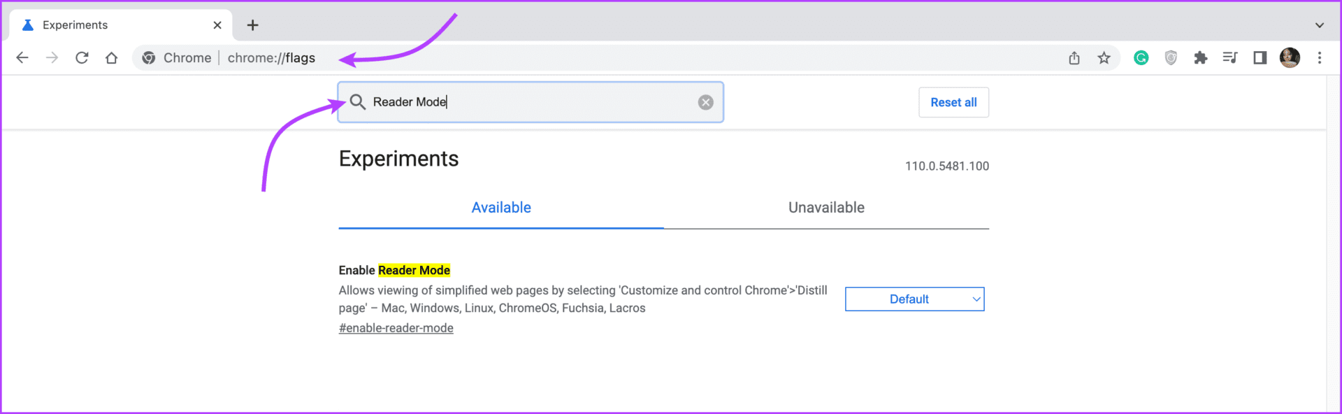 Go to Chrome Flags and search for Reader Mode