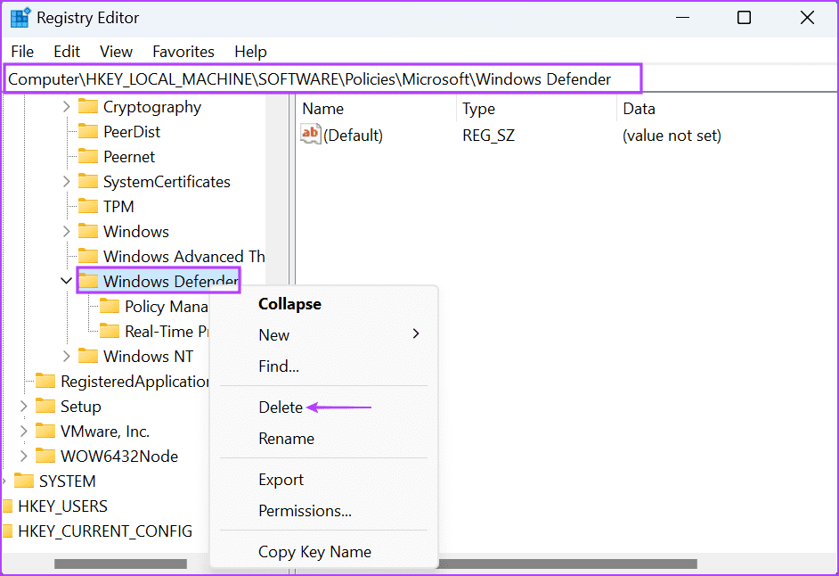 deleting Window defender registry key