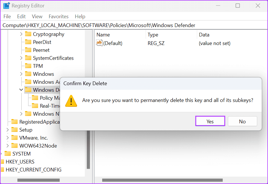 deleting Window defender registry key