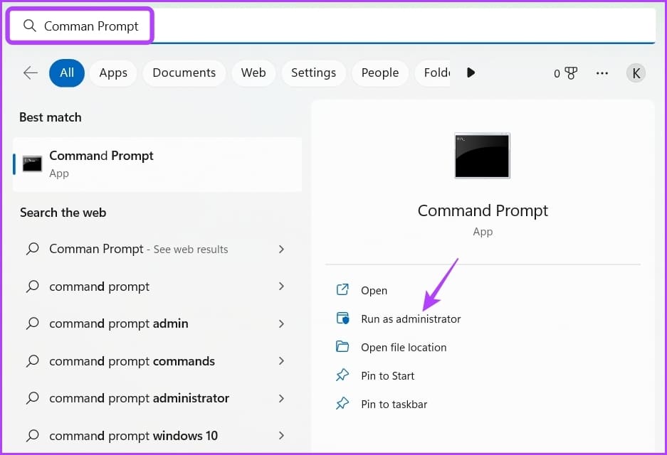 Typing Command Prompt in Windows Search
