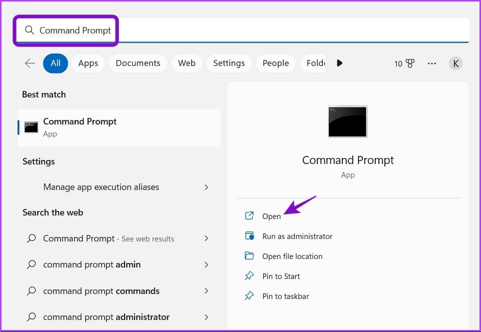 Typing Command Prompt in Windows Search