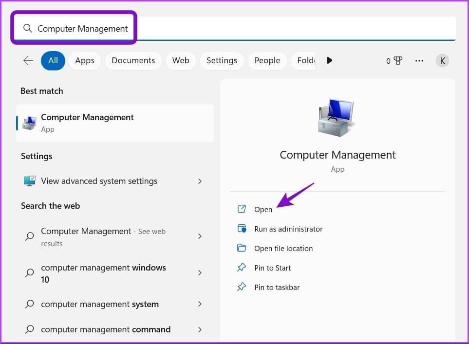 Typing Computer management in Windows Search