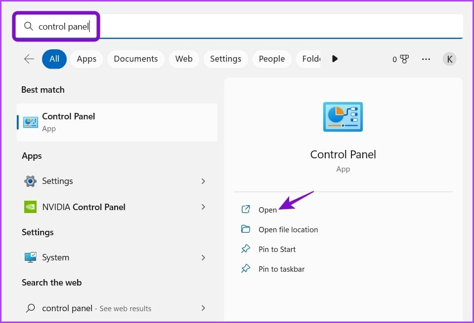 Typing Control Panel in Windows Search