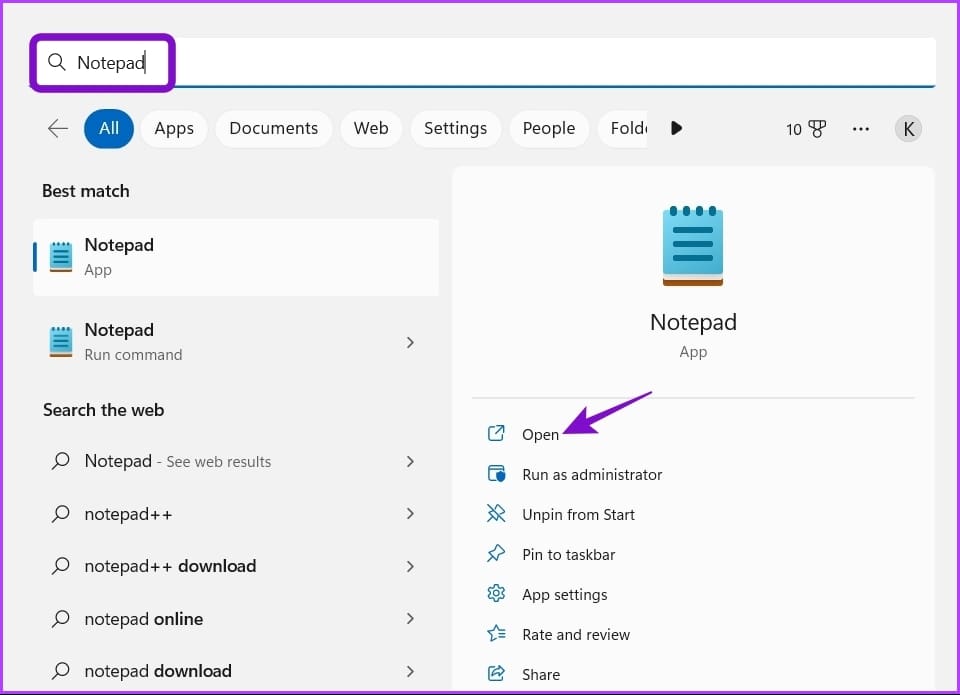 _Typing Notepad in Windows Search