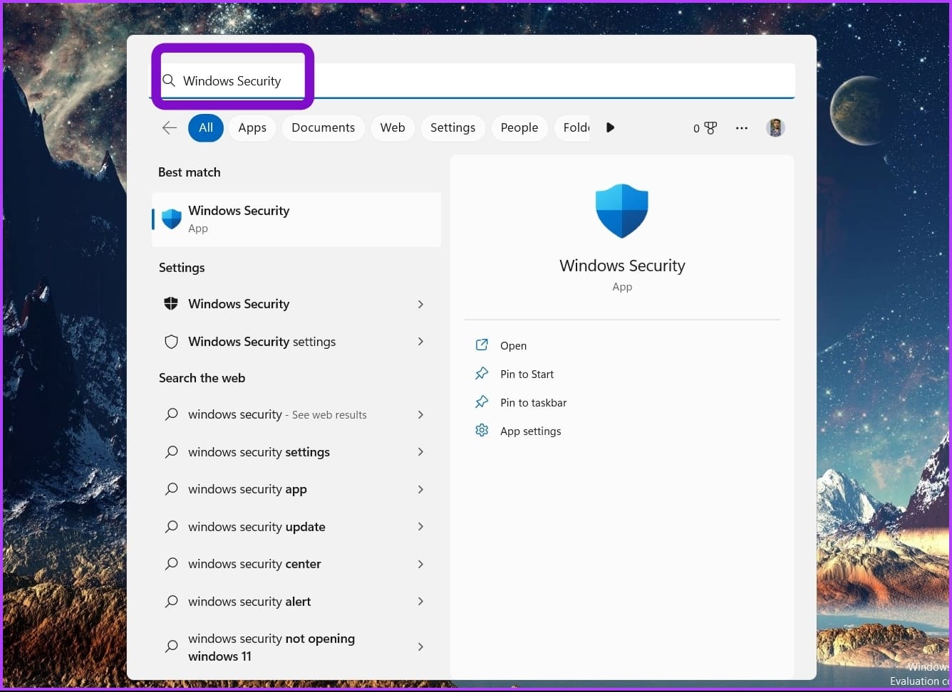Typing Windows Security in the Search bar
