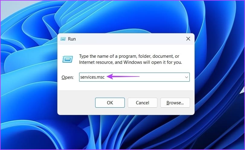 Typing services command in the Run tool