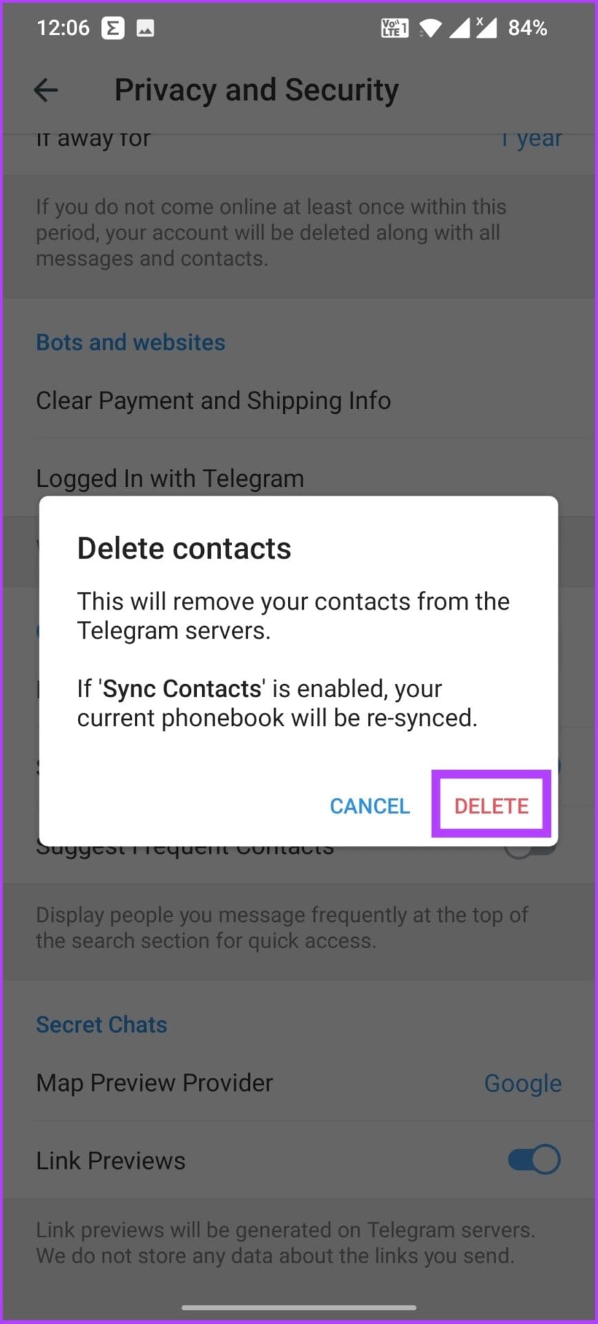 Under Contacts, tap on Delete Synced Contacts (1)