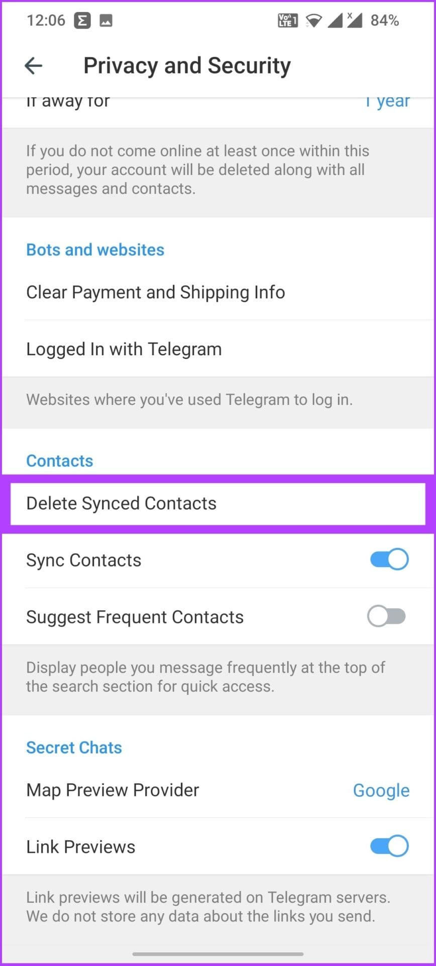 Under Contacts, tap on Delete Synced Contacts (2)