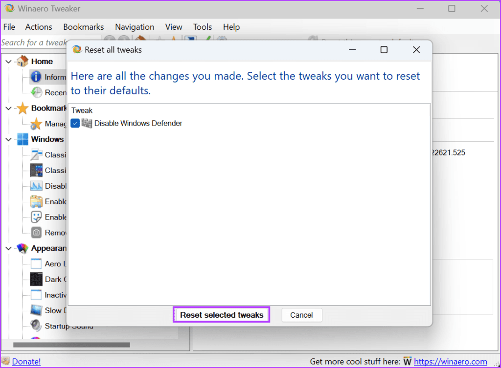 Undo the Changes Made by winaero tweaker