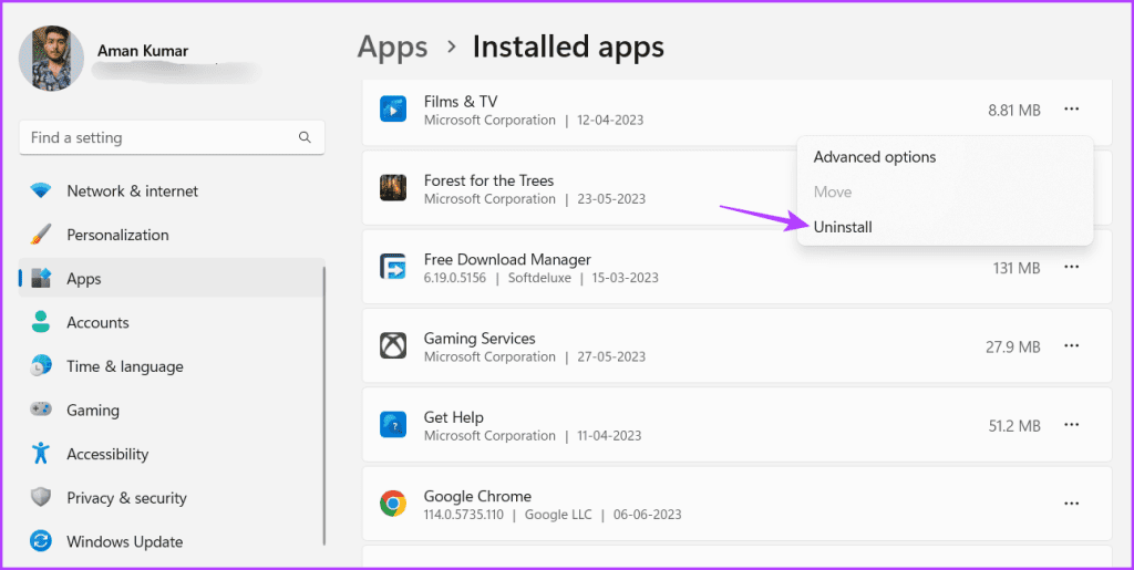Uninstall option in Settings