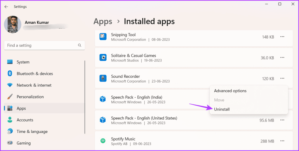 Uninstall option in the Settings 