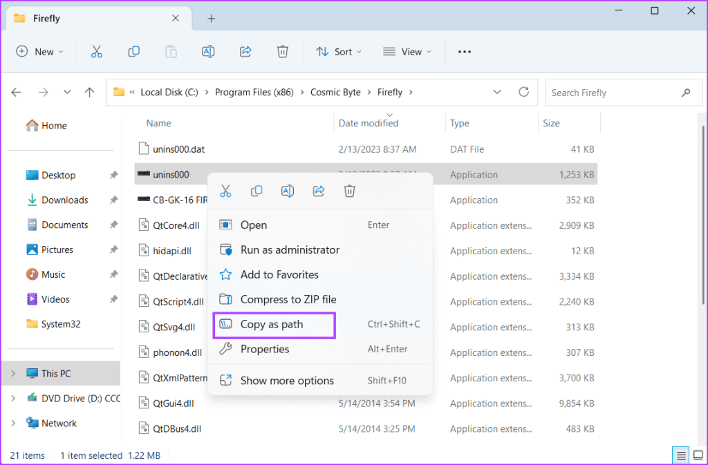 copying the path of the uninstaller file