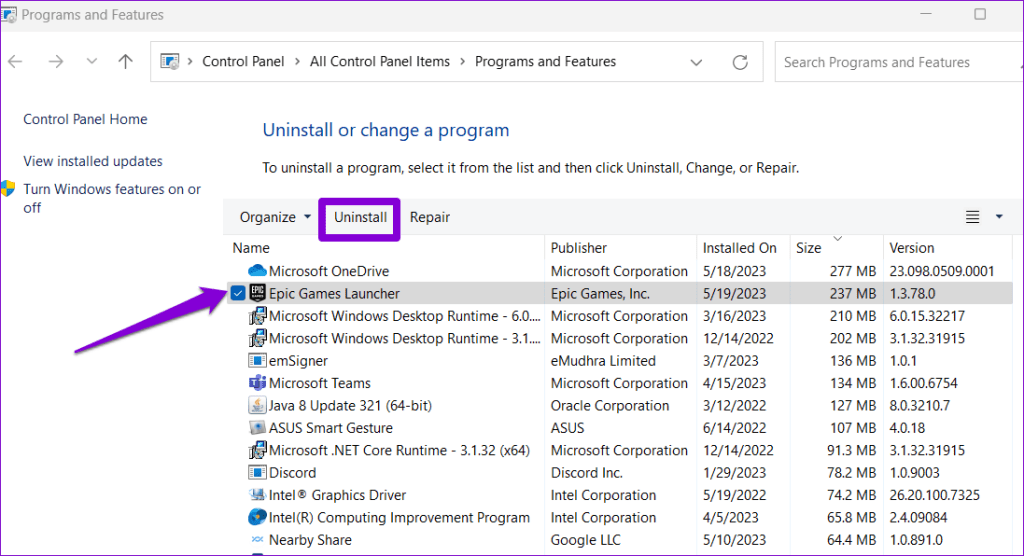 Uninstall Epic Game Launcher From the Control Panel