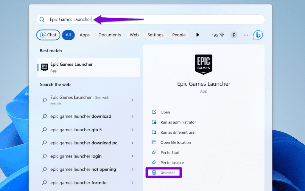 Uninstall Epic Game Launcher From the Start Menu
