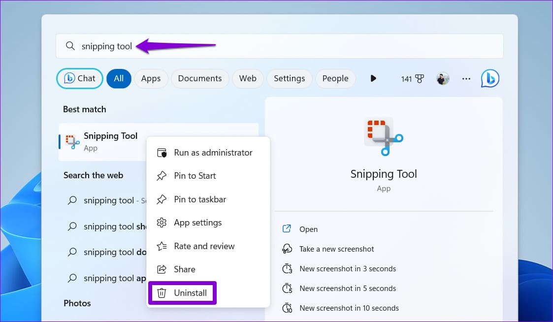 Uninstall Snipping Tool in Windows 11
