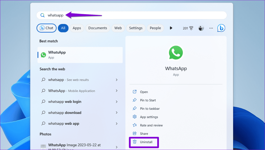 Uninstall WhatsApp Windows