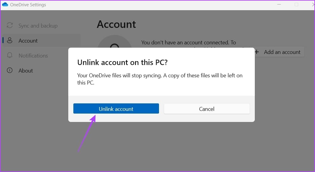 Unlink Account option in OneDrive