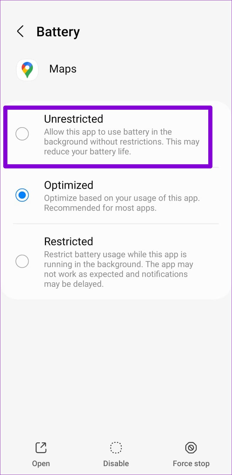 Unrestricted Battery Usage to Google Maps