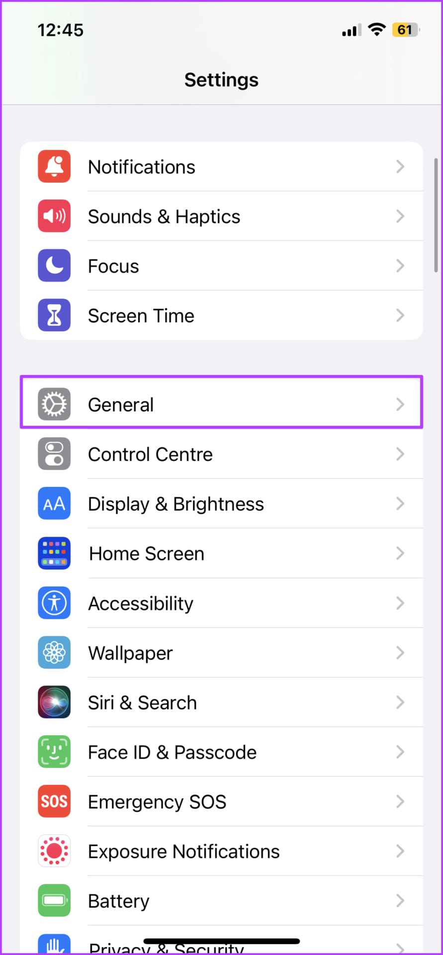 Tap on General in iPhone Settings