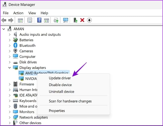 Update Driver option of Device Manager