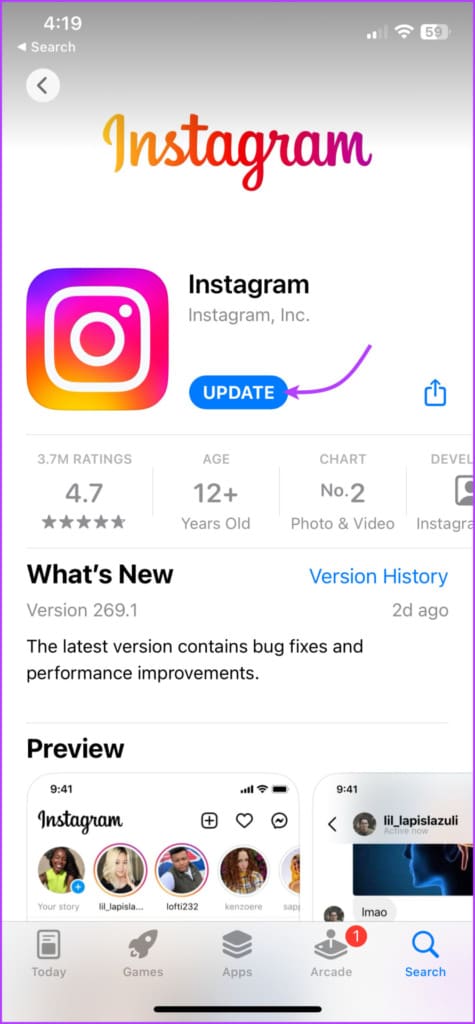 Tap update to update Instagram app 