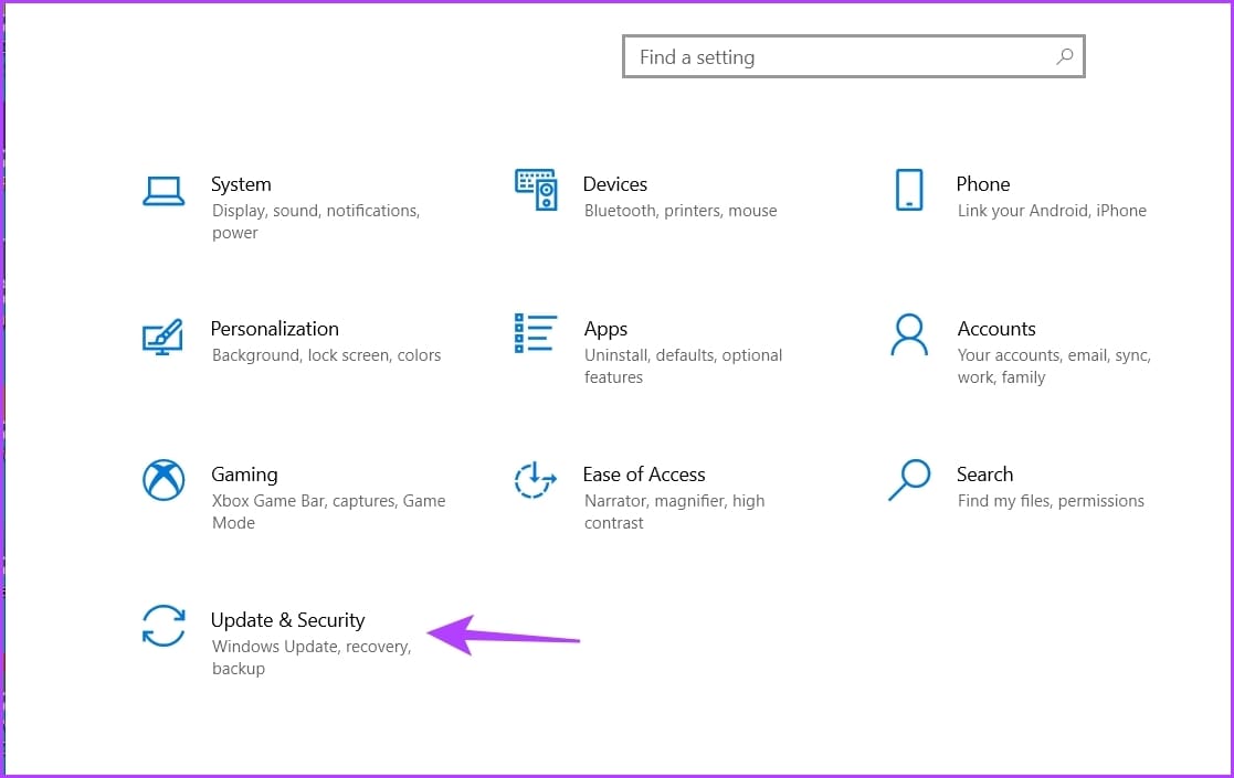 Update & Security in Settings