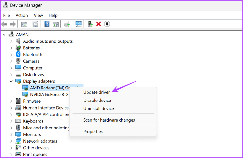 Update driver option in Device Manager