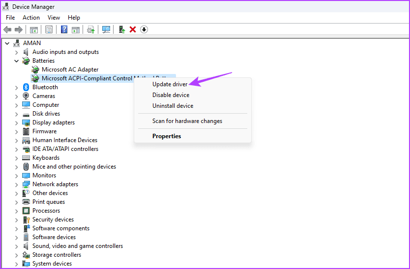 Update driver option in the Device Manager