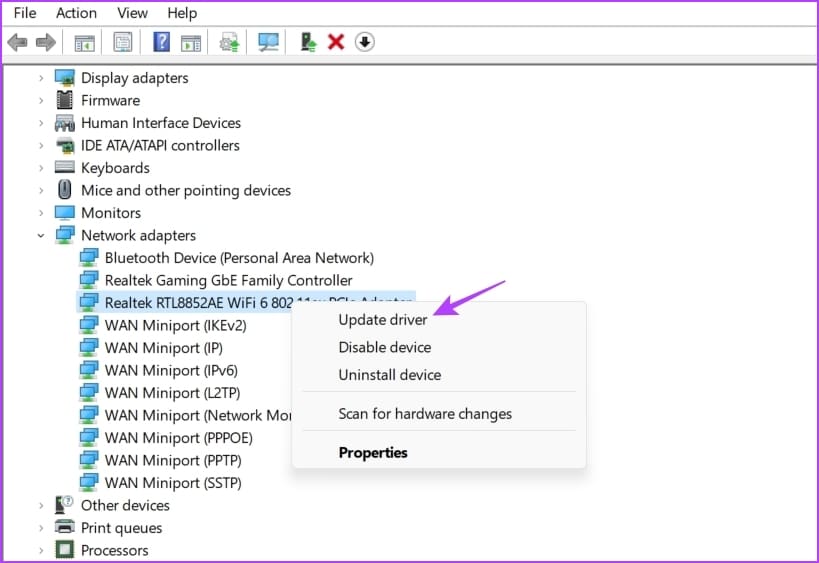 Update driver option in Device Manager