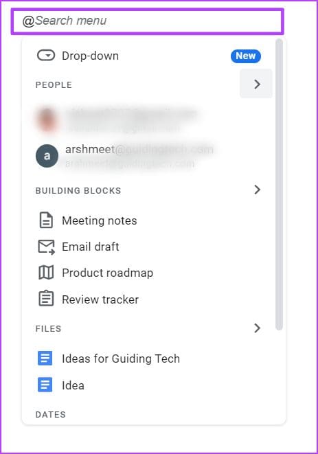 Press @ in Google Docs to view menu