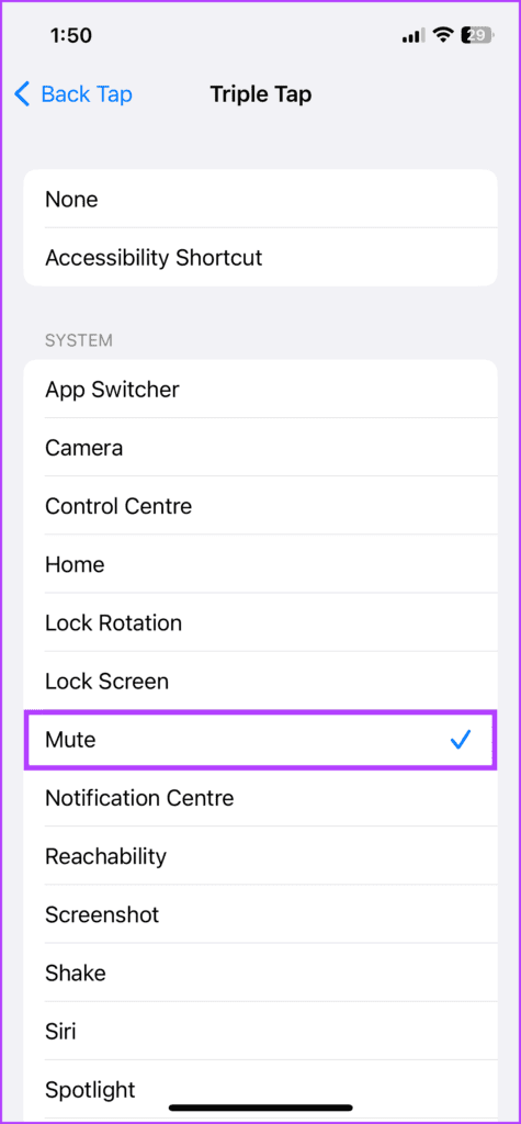 Select mute as the Back Tap options
