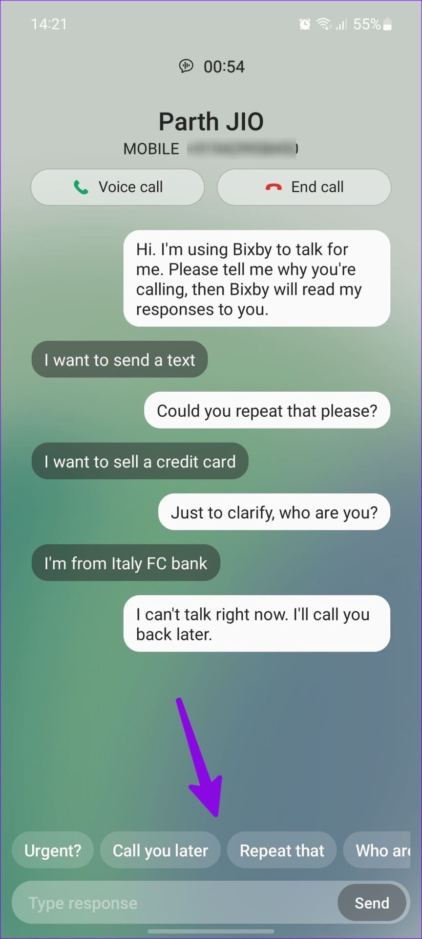 bixby text call in action