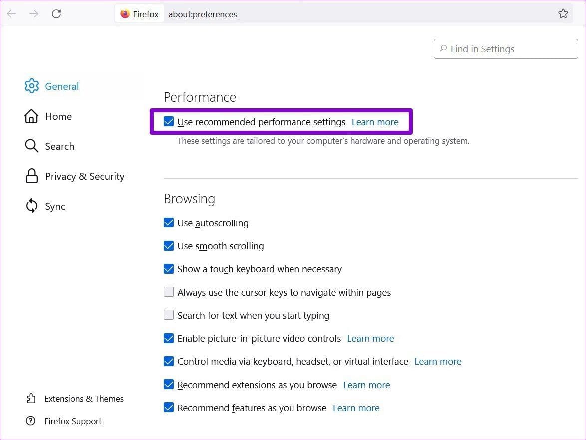 Use Recommended Settings on Firefox
