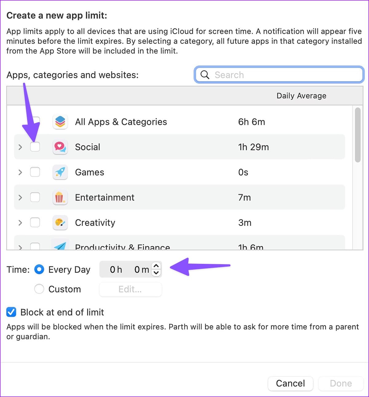 add apps limit for Screen Time on Mac