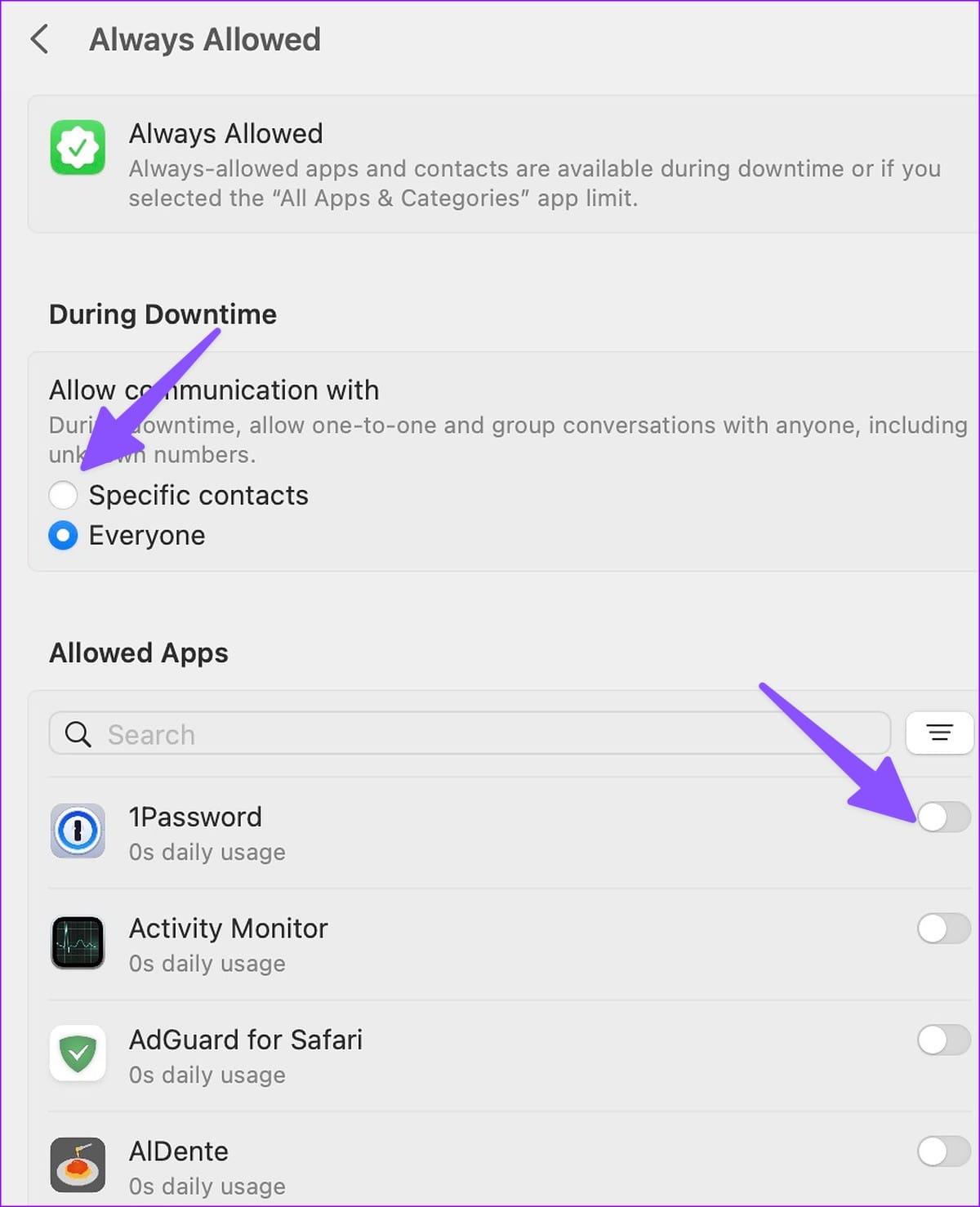 allow apps and contacts Screen Time on Mac