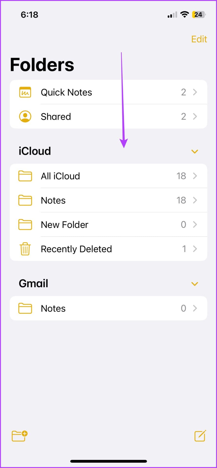 Pull down to reveal the Search bar on iPhone Notes