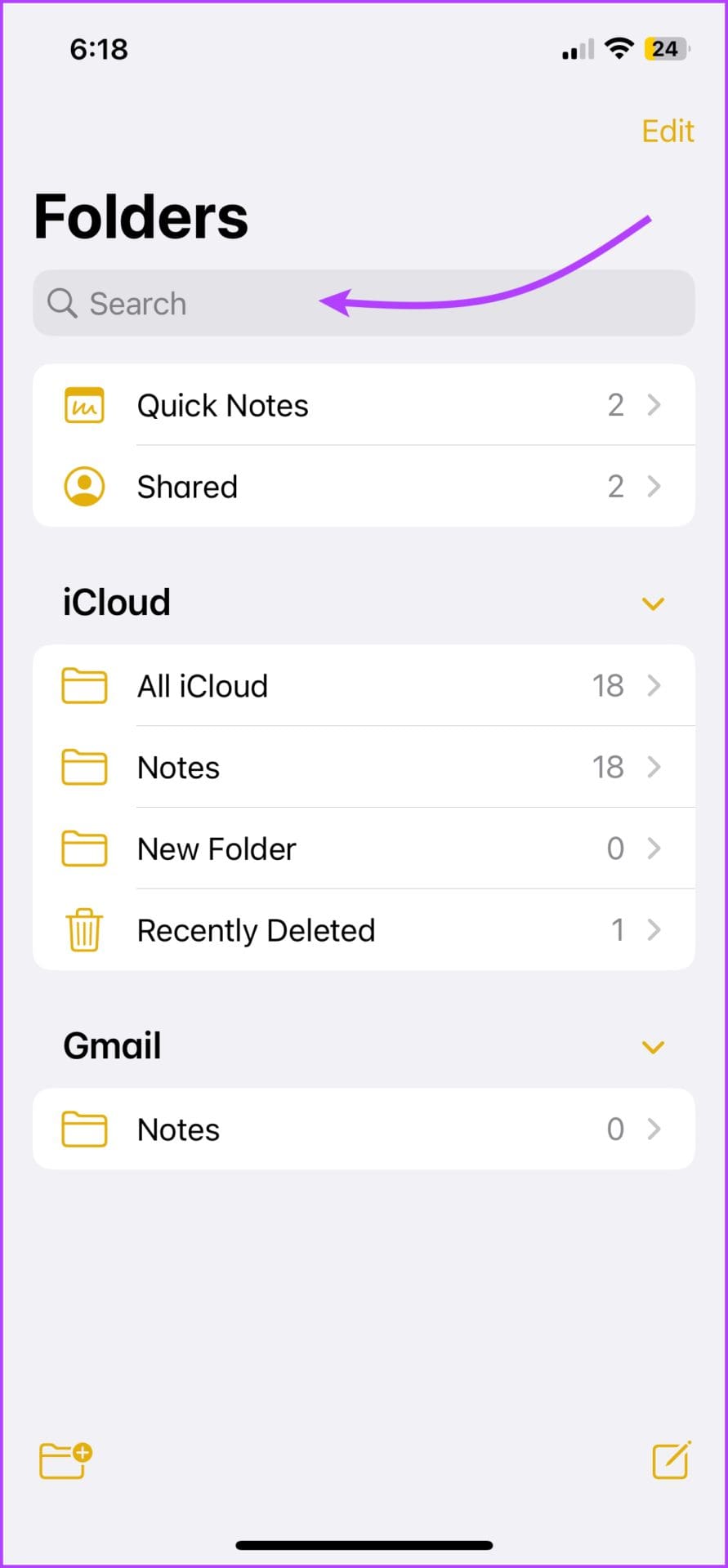 Tap the Search bar to look for missing iPhone Notes